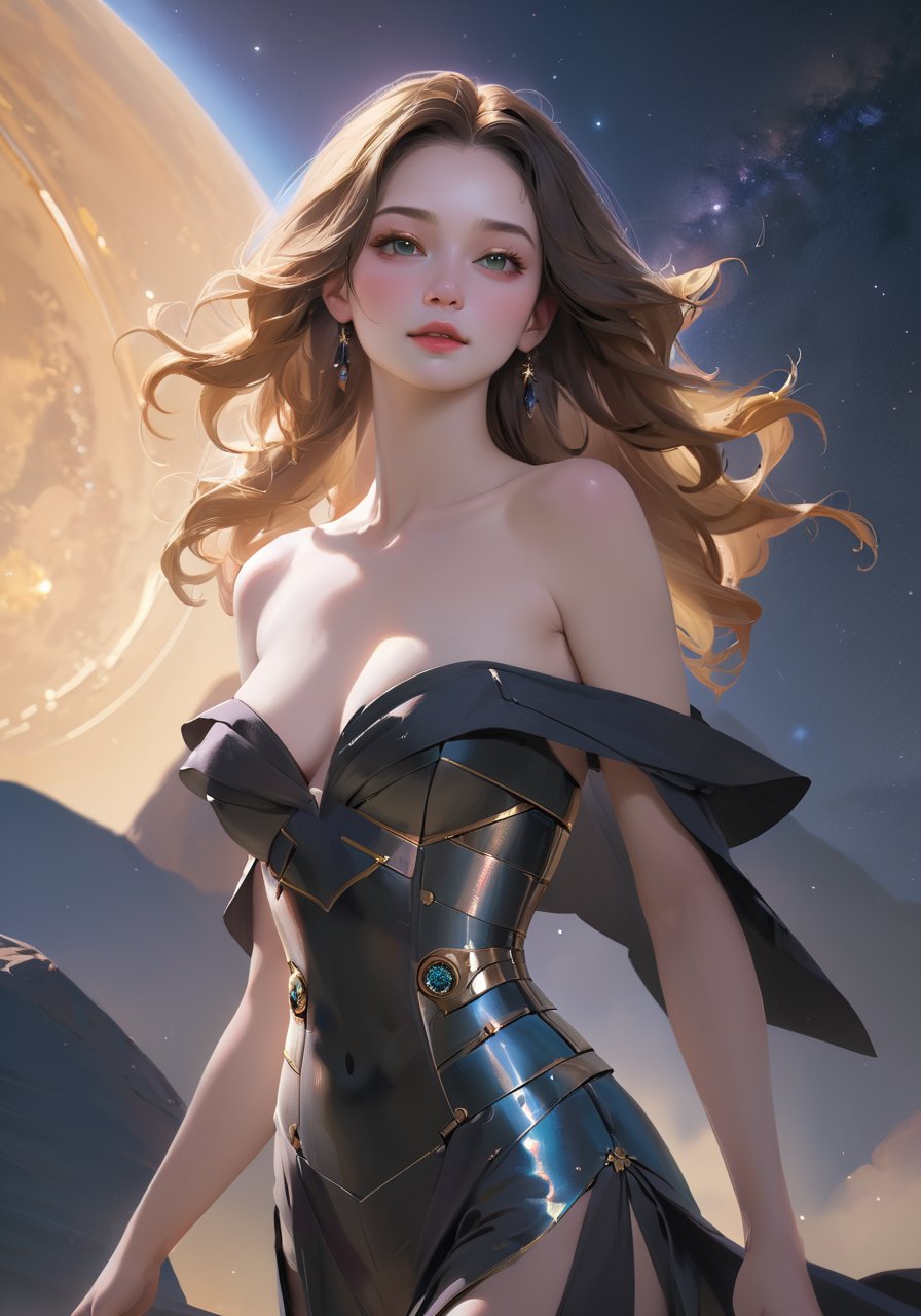 realistic,DEEP DARK FANTASY ,wani wani panic,startrail,gorgeous atmosphere,ultra realistic detailed,aesthetic,best quality,(photorealistic:1.2),dynamic angle,elegant,realistic skin detail ,strap_slip, bare_shoulders, off_shoulder,