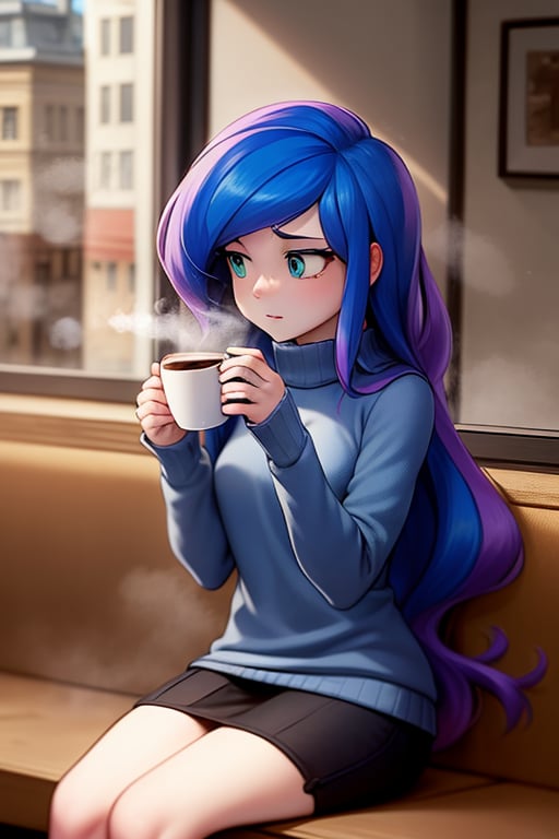 princess_luna wearing a puffy sweater, sitting in a cafe, rusting, looking away, holding a cup of coffee, steam, scene is cafe, portrait, melancholy <lora:luna-08:0.9>, masterpiece, best quality