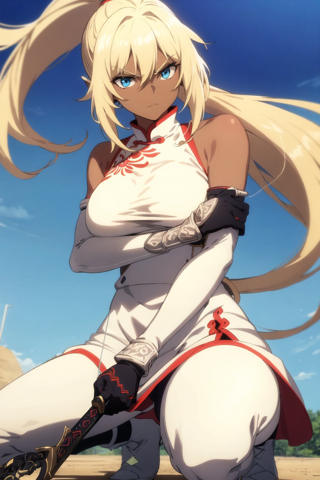 anime screencap, 1girl, solo, long hair, breasts, looking at viewer, bangs, blue eyes, blonde hair, large breasts, shirt, gloves, dress, holding, bare shoulders, medium breasts, closed mouth, white shirt, ponytail, weapon, boots, outdoors, detached sleeves, sky, sleeveless, day, black gloves, elbow gloves, pants, sword, cloud, dark skin, holding weapon, white dress, armor, dark-skinned female, blue sky, holding sword, chinese clothes, white footwear, gauntlets, serious, fighting stance, white pants, one knee, desert, dust