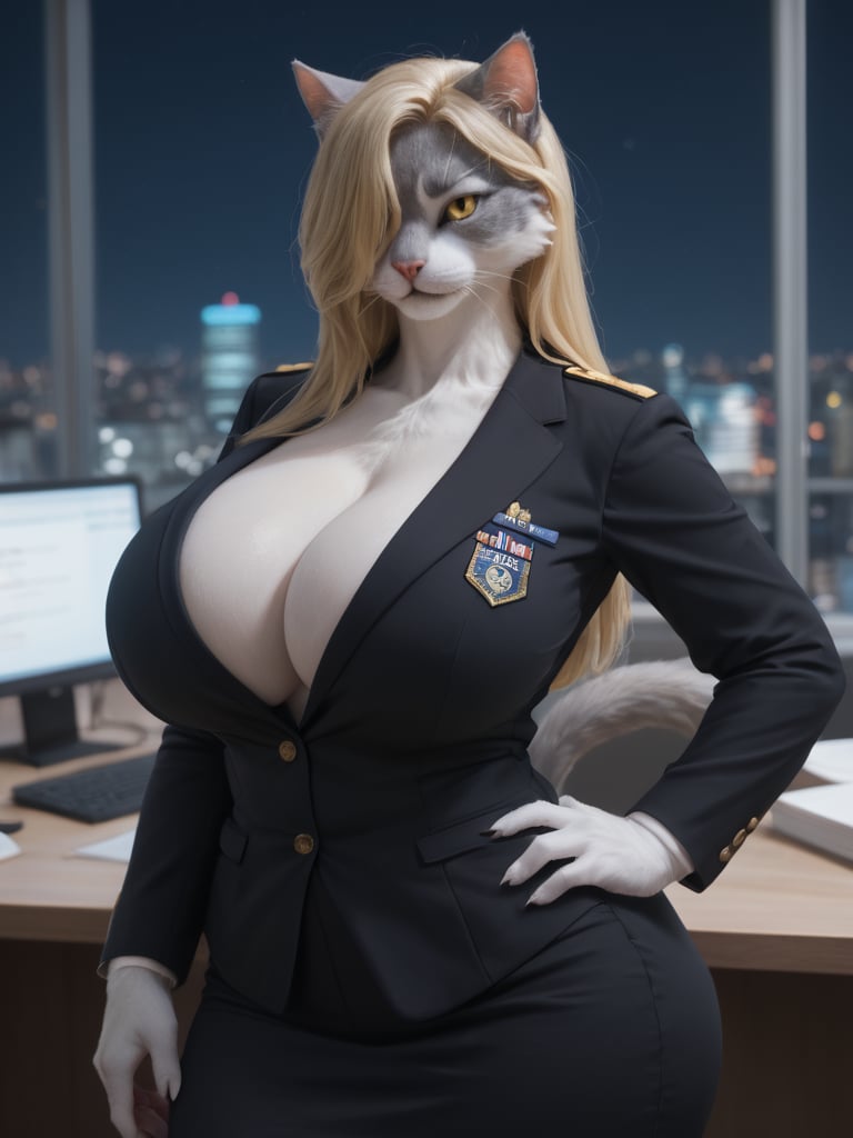 score_9, score_8_up, score_7_up, photorealistic, high quality, raw photo, female, furry, cat, grey fur, eyebrow, stylize hairstyle, long blonde hair, hair covered eye, yellow eye, sexy uniform, black uniform, huge breast, breast cleavage, hand on hips, curvy hips, wide hips, sexy pose, office interior, night city skyline background