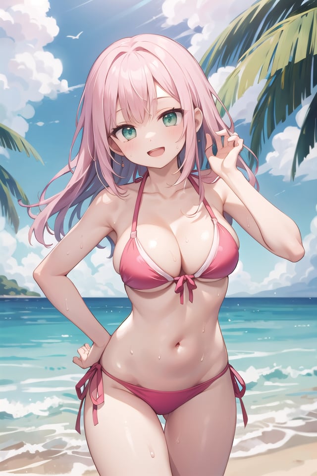 insanely detailed, absurdres, ultra-highres, ultra-detailed, best quality,1girl, solo, nice hands, perfect handsBREAK(pastel colored bikini:1.3)BREAKhappy smile, laugh, open mouth,standing, hand on own hip, tilt head, cowboy shotBREAKslender, kawaii, perfect symmetrical face, ultra cute girl, ultra cute face, ultra detailed eyes, ultra detailed hair, ultra cute, ultra beautifulBREAKat seashore, coast, beach, tropical, sky, blue oceanBREAK(medium large breasts, cleavage:1.3), wet shiny skin, sweat on bodyBREAK(pink medium long hair:1.2), emerald green eyes