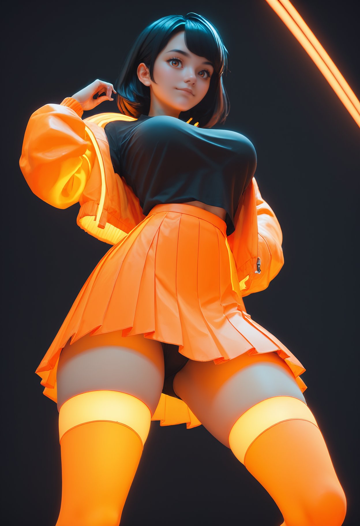 score_9_up, score_8_up, score_7_up, glowing-neon-orange-thighhighs, glowing-neon-orange-skirt, glowing-neon-orange-jacket, black shirt, 1girl, brown eyes, black hair, large breasts, black background, <lora:lukethighwalkerneonv9:0.6>