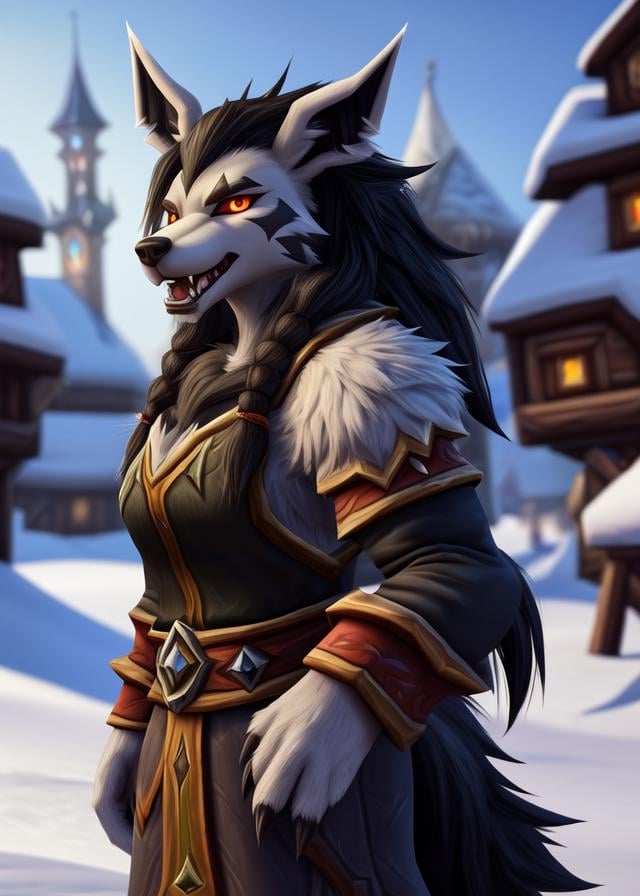 (anthro mightyena, warcraft:1.3), open mouth, (three-quarter portrait, three-quarter view, looking at viewer:1.25), BREAK, fantasy, snow, winter, town, detailed background, depth of field, ambient silhouette, masterpiece, best quality, light, 4k, 2k, blender \(software\)