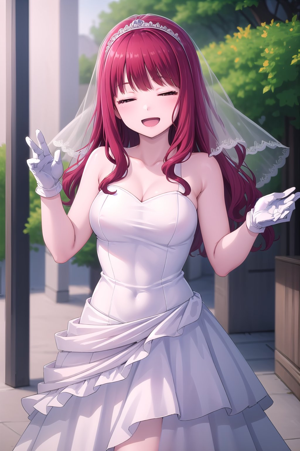 (masterpiece, best quality), highly detailed background, perfect lightingbest quality, ryoohaena, solo, outdoors, nature, brildai veil, red hair, blunt bangs, wavy hair, long hair, closed eyes, medium breasts, wedding dress, white dress, white gloves, frilled skirt, smile, open mouth, ^o^, <lora:Ryoo-Haena:0.7>