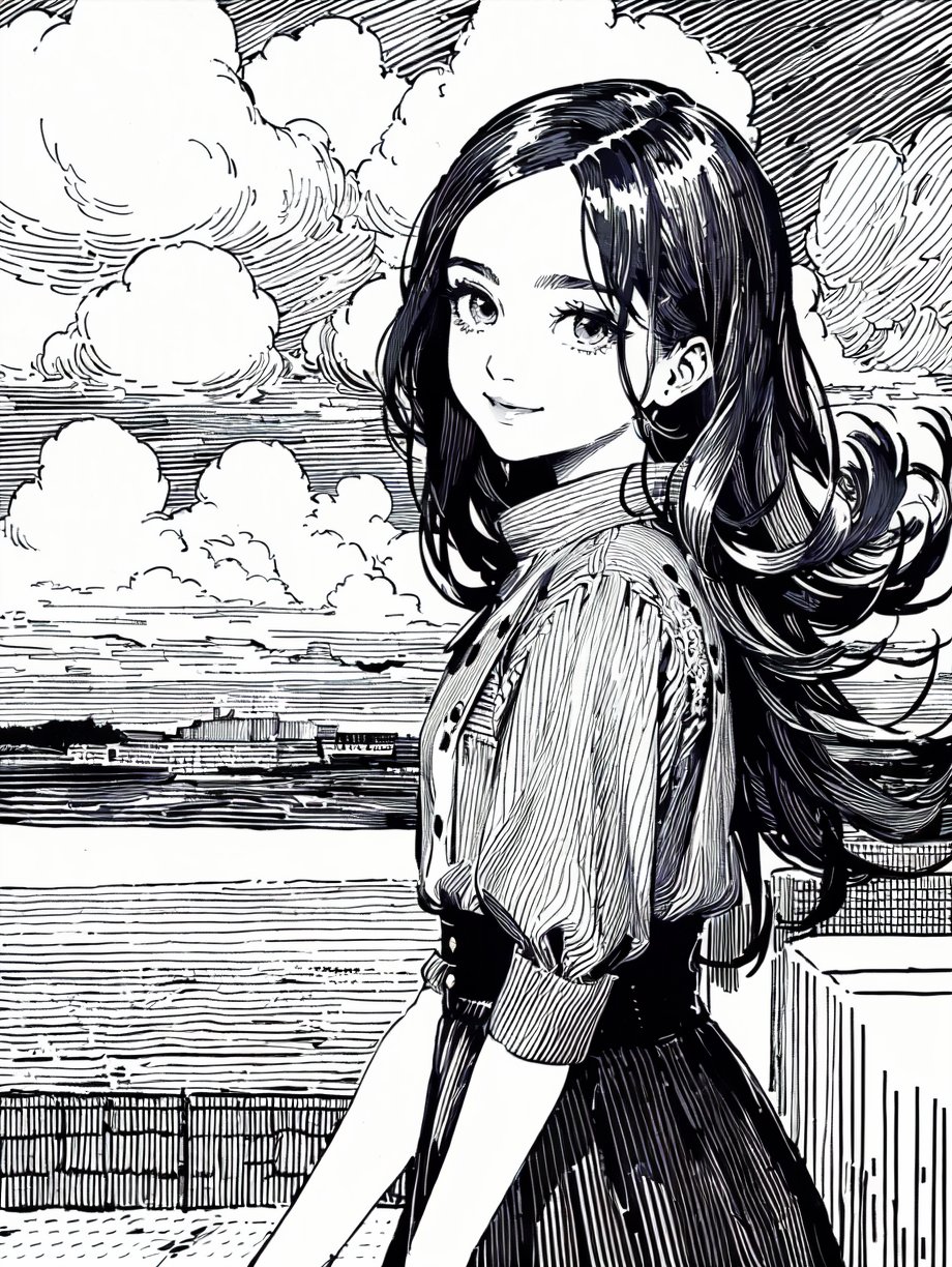 (((best quality,masterpiece,fine detailed,))),line,black and white painting,black and white line drawing,smooth lines,monochrome,a girl,smile,cute face,wearing a skirt,dynamic,<lora:CJ PD:0.7>,cloud,city background,outdoor scene,line,sea of clouds,, (best quality, high quality, masterpiece,),