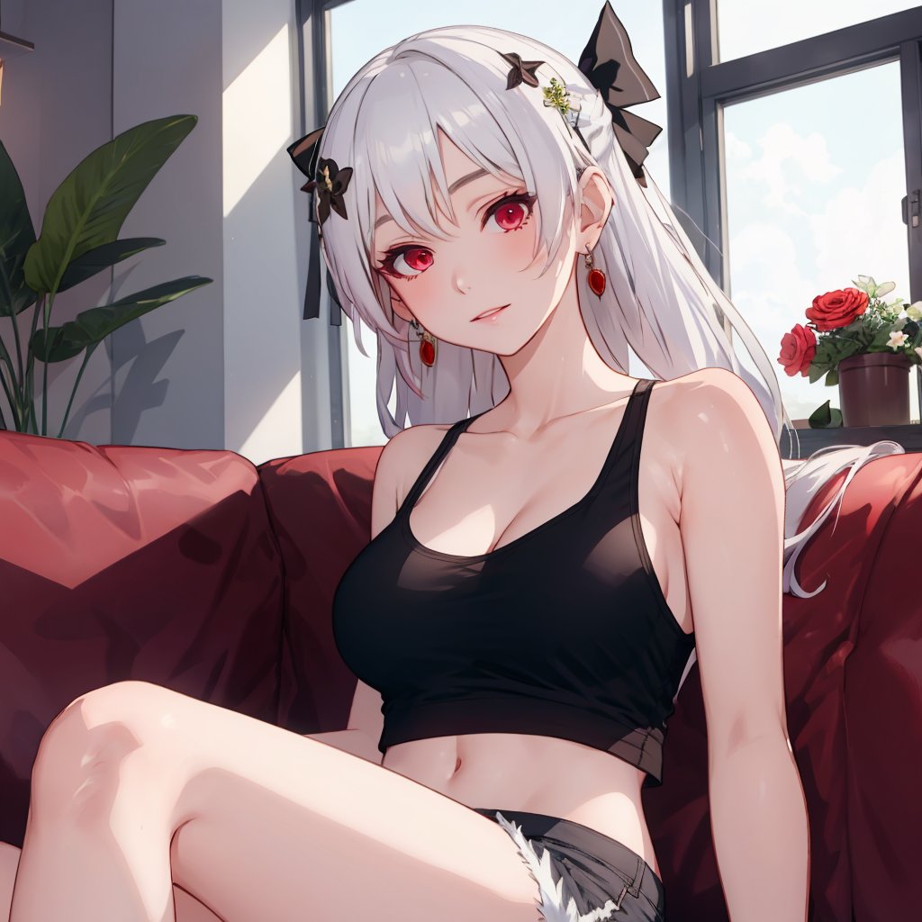 1girl, theresa apocalypse, erotic, hair flower, mature female, hair ornament, flower, earrings, lace tank top, micro shorts, head tilted, glossy skin, hair ribbon, ambient lighting, indoors, living room, sitting on couch, <lora:Char-Honkai-Theresa:0.8>