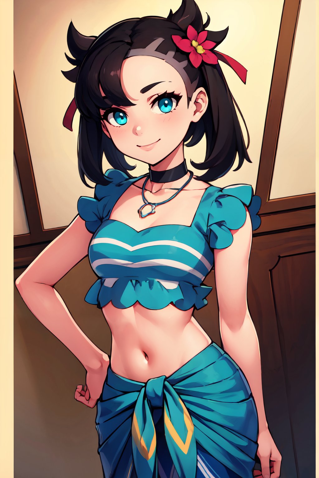 ((masterpiece,best quality)), absurdres,  BREAK, , <lora:MarnieGloriaSD_v1:0.8>,  zzMarnie, aqua eyes, black choker, red ribbon,  gloriaSummer, blue sarong, blue shirt, hair flower,  jewelry, navel, necklace, official alternate costume,, BREAK, hip to the side, contrapposto,, BREAK, solo, smile, looking at viewer, cowboy shot,