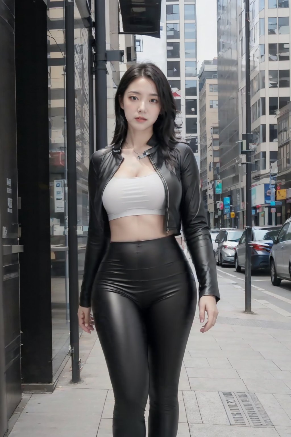 Realistic,best quality,masterpiece,8K,HDR,RAW,A pretty girl,seductive expression,charming,sex,1girl,((solo)),(standing),huge breasts,(street,city,skyscraper),full body,(looking at viewer,),bodice,cropped_jacket,<lora:ENNE 黑色紧身裤_v09:1>,black leggings,