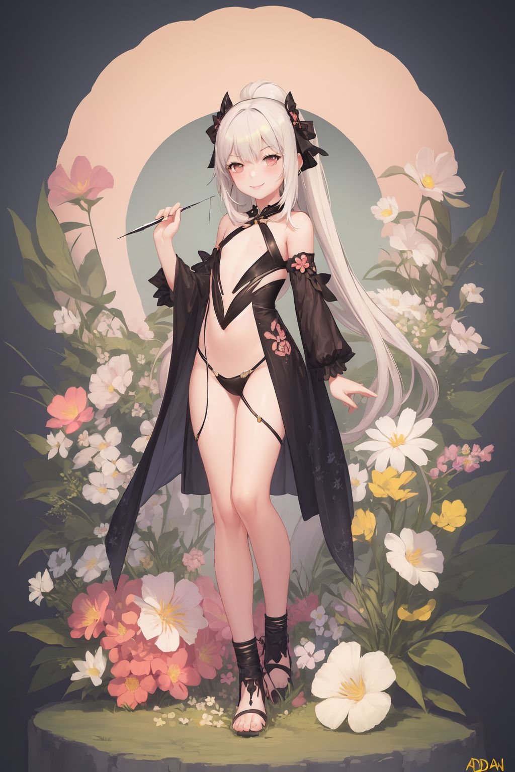 <lora:atdan_style_v08:1>, full body, solo, 1girl, looking to the side, smile, blush, flat chest, glttering light, Adam's-needle \(flower\), floral background