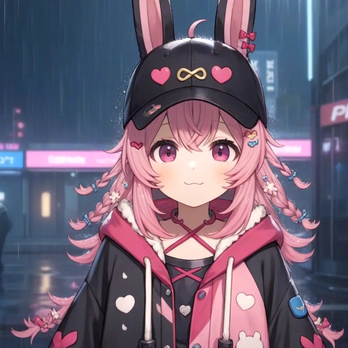 pippa, :3 rabbit ears, bangs, closed mouth, rabbit girl, sleeves past wrists, solo, twin braids, virtual youtuber, oversized hoodie, ahoge, pink eyes, pipi hairclip, heart hairclip, bow hairclip, bunny hairclip, red bow hairclip, tiny heart hairclip,((cyberpunk themed, guns, war, holding gun, wearing black shades, black baseball cap, black clothing, raining, dark)) <lora:PIPPA-XL-t9-000001:0.6>