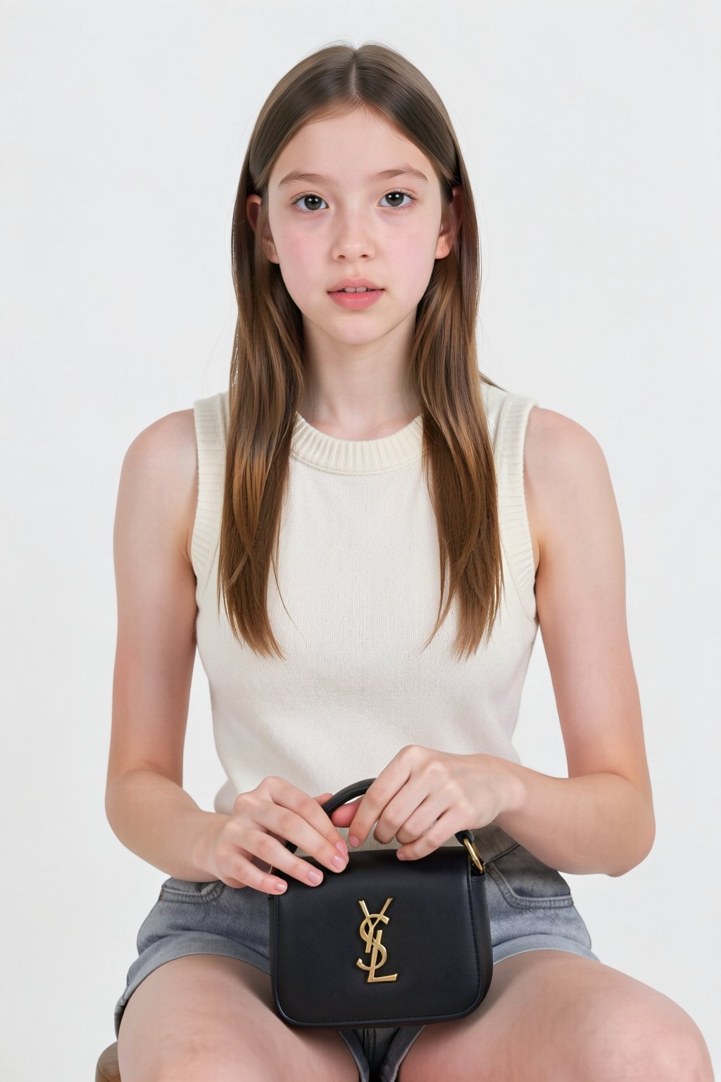 Photograph of a slender young Caucasian woman with fair skin and long,  straight light brown hair. She has a delicate face...
