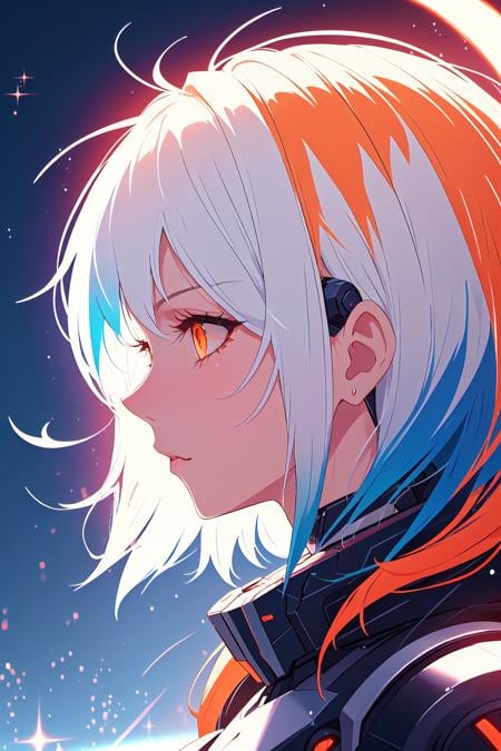 white hair, blue hair, orange hair, gradient hair, orange eyes, profile picture, cyberpunk background, robotic, hair flowing over, volumetric lighting, light particles, sparkling eyes, dystopian, colorful