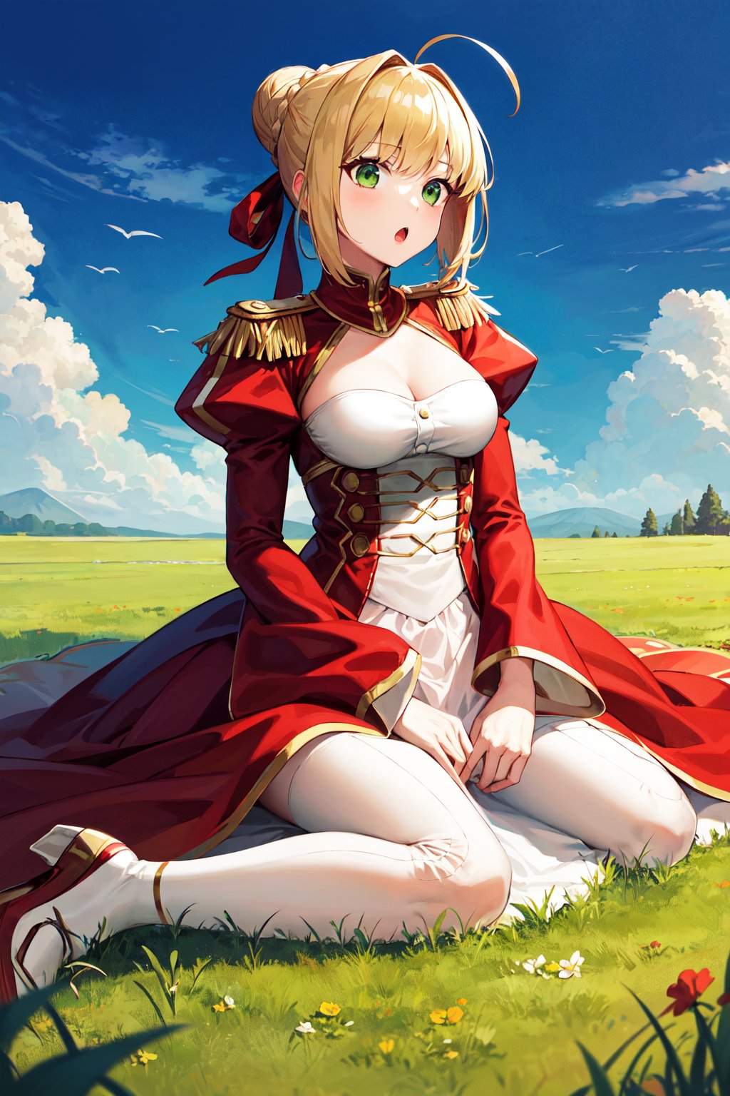 masterpiece, best quality, highres, aanero, ahoge, braid, single hair bun, hair ribbon, green eyes, medium breasts, epaulettes, cleavage, red dress, white dress, puffy sleeves, long sleeves, red sleeves, long skirt, see-through skirt, (white skirt:1.2), <lora:nero_claudius_(fate)_v1:0.7>, wariza, grass, field, :o