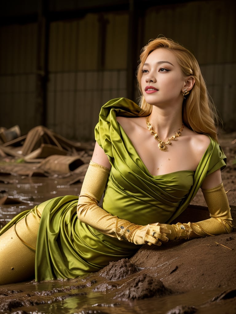 1girl, long blonde hair, dark abandoned warehouse, shocked(score_9, score_8_up:1.1),score_7_up,score_6,raw photo, photorealistic, realistic, slim body, small breast, green satin dress, gold satin gloves <lora:DA_CindarellaKateDressLora-000177:0.8>messy wam wet, in the mud, mud on dress, dirt on dress, laying in mud, 