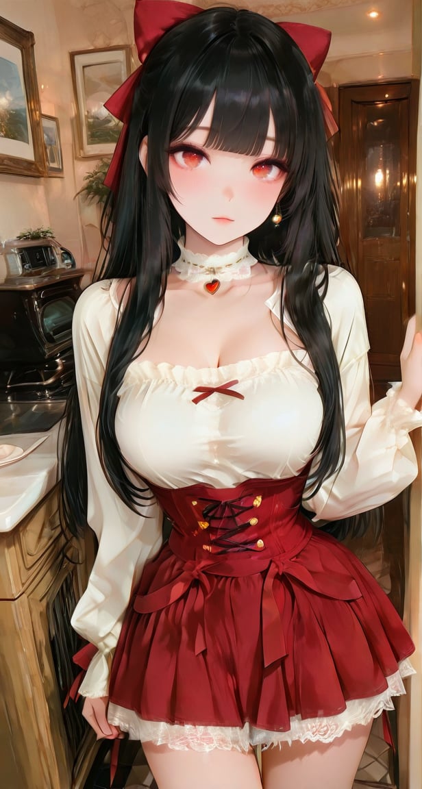 xg1,  deep-red fitted corset top,  white eyelet lace ruffle trim on bust and hem by reprinter on Tensor.Art