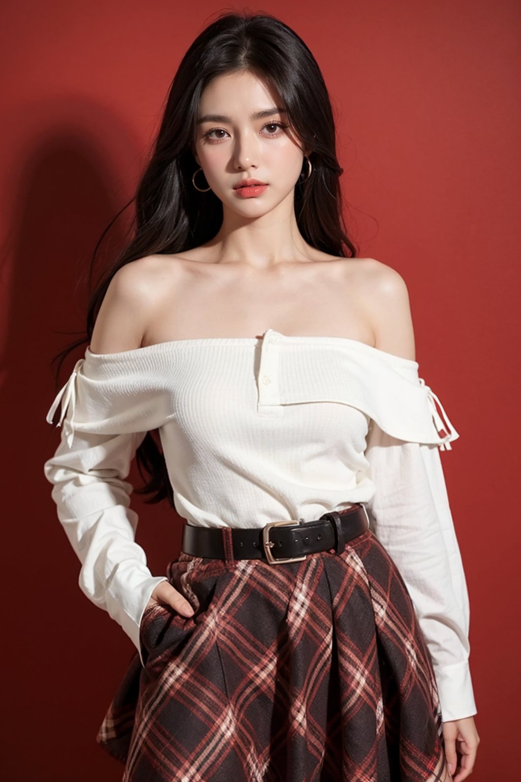 1girl, solo, skirt, black hair, realistic, long hair, looking at viewer, shirt, bare shoulders, black skirt, red background, off-shoulder shirt, plaid shirt, collarbone, plaid, belt, brown eyes, long sleeves, cowboy shot