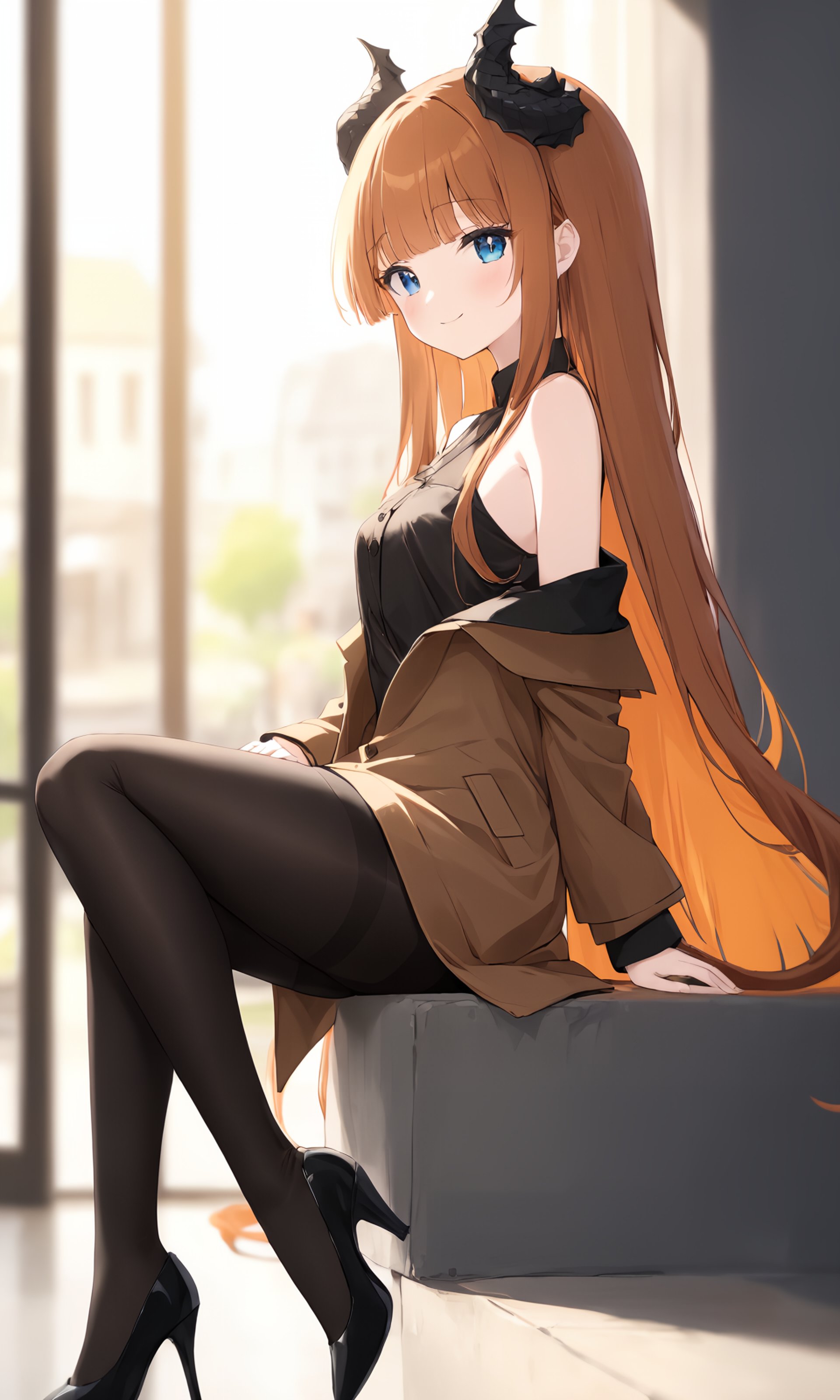 (masterpiece),(highest quality),highres,(an extremely delicate and beautiful),(extremely detailed),1girl, dragon horns, dragon wings, dragon tail, dragon girl, pantyhose, solo, long hair, sitting, smile, looking at viewer, tail, black legwear, high heels, blue eyes, crossed legs, blush, bangs, off shoulder, black footwear, long sleeves, brown hair, bare shoulders, blurry, black shirt, shirt, closed mouth, brown shirt, wings, outdoors, blurry background, orange hair, blunt bangs, sleeveless, brown dress, jacket, from side, brown coat, brown jacket, window, sleeveless shirt, dress, very long hair, depth of field, shoes, disposable cup, coffee cup, coat, feet out of frame,depth of field, blurry foreground, blurry background,