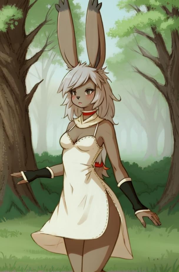 (anthro furry:1.2), VieraCzar, (viera, dark skin, brown eyes, random hair length, dress, slit dress), (forest), (masterpiece:1.2), hires, ultra-high resolution, 8K, high quality, (sharp focus:1.2), clean, crisp, cinematic, <lora:VieraFFTA-14:1>