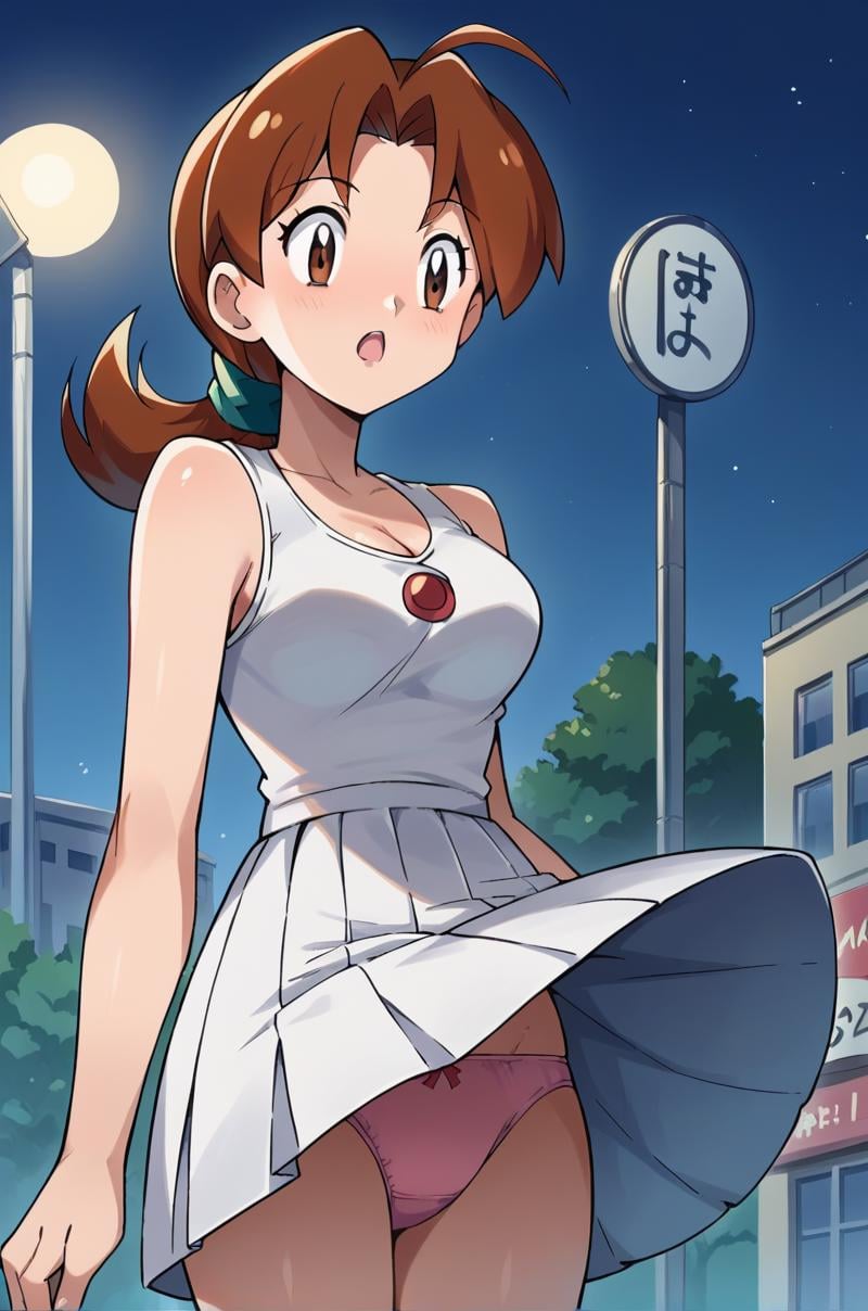 score_9, score_8_up, score_7_up, score_6_up, score_5_up, score_4_up, source_anime, BREAK 1girl, <lora:Delia_Ketchum:1>, slim body, deliaketchum, brown hair, low ponytail, ahoge, brown eyes, aqua scrunchie, white dress, cleavage, pleated skirt, wind lift, skirt lift, pink panties, thighs, looking down, open mouth, street, night