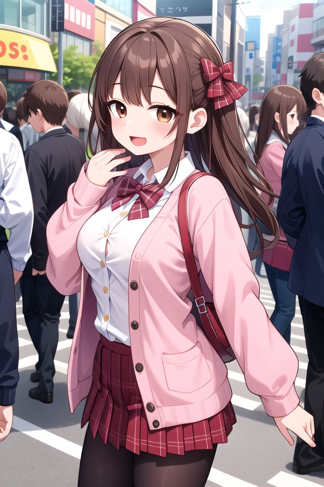 insanely detailed, absurdres, ultra-highres, ultra-detailed, best quality,1girl, solo, nice hands, perfect handsBREAK(School Uniforms:1.2), (pink cardigan is fit body:1.4), ((do up a buttons, not loose):1.5), ((long sleeve, sleeves past wrists):1.2), (inner wear is white collared-shirt:1.3), (red plaid-pattern bow:1.3), (red plaid-pattern pleated skirt:1.3), ((dark-brown pantyhose, loafers):1.2)BREAKhappy smile, laugh, open mouth, standing,from side,cute pose, cowboy shotBREAKslender, kawaii, perfect symmetrical face, ultra cute girl, ultra cute face, ultra detailed eyes, ultra detailed hair, ultra cute, ultra beautifulBREAKin harajuku, shibuya, tokyo, street, crowd, cityscapeBREAKmedium large breasts,(brown hair, brown eyes), hime cut