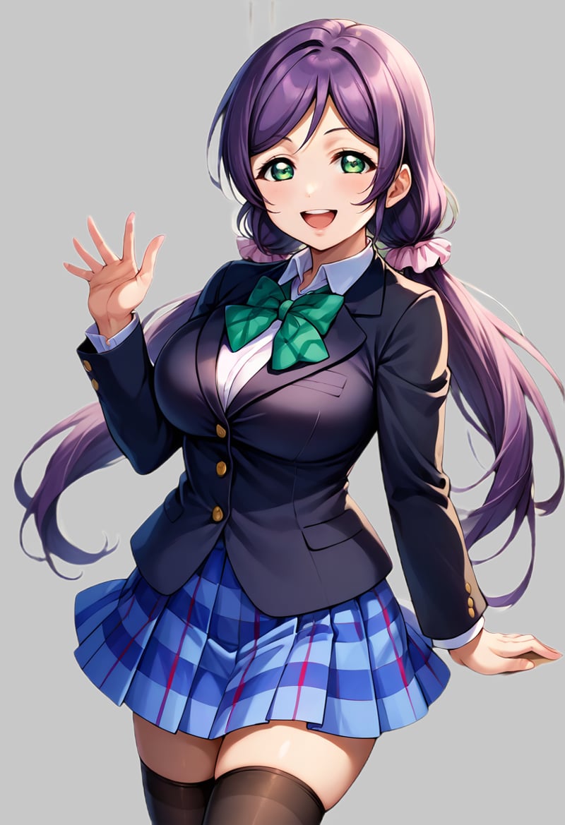 score_9, score_8_up, score_7_up, source_anime BREAK 1girl, solo, lovelive_nozomi, cowboy shot, school uniform, blue plaid skirt, black blazer, black thighhighs, green bowtie, large breasts, purple hair, parted bangs, low twintails, pink scrunchie, green eyes, looking at you, smile, open mouth, simple background <lora:lovelive_nozomi:1>