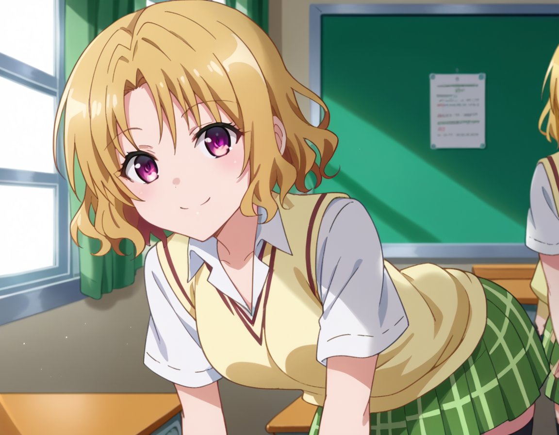 score_9, score_8_up, score_7_up, source_anime,risamomioka, <lora:risa-momioka-darkness-ponyxl-lora-nochekaiser:1>,risa momioka, short hair, blonde hair, wavy hair, parted bangs, purple eyes,green skirt, plaid, plaid skirt, sainan high school uniform, school uniform, skirt, sweater vest, thighhighs, yellow sweater, short sleeves, bow, green bow,indoors, classroom, smile, bent over,looking at viewer, cowboy shot, dutch angle,