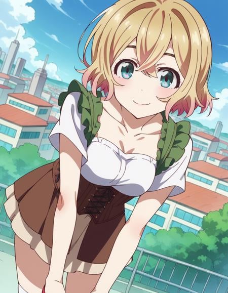 score_9, score_8_up, score_7_up, source_anime,maminanami, <lora:mami-nanami-s1-ponyxl-lora-nochekaiser:1>mami nanami, short hair, aqua eyes, blonde hair, hair between eyes,skirt, shirt, collarbone, white shirt, short sleeves, frills, shoes, socks, white socks, corset,outdoors, cityscape, smile, bent over,looking at viewer, dutch angle, cowboy shot