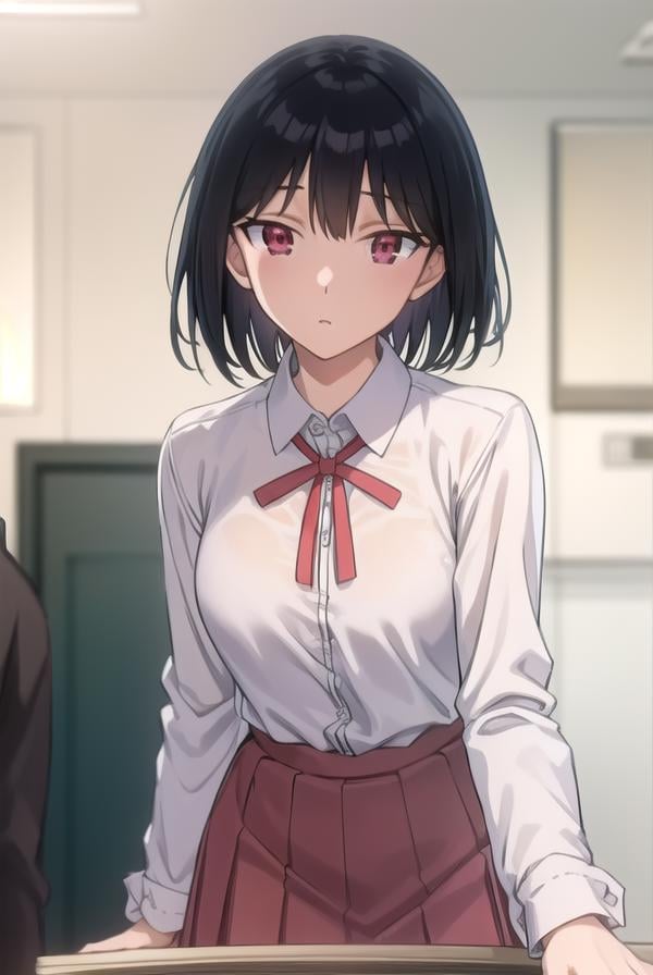 yakumotsukamoto, <lora:yakumo tsukamoto s2-lora-nochekaiser:1>,yakumo tsukamoto, short hair, black hair, (red eyes:1.3),BREAK skirt, shirt, long sleeves, bow, ribbon, school uniform, white shirt, pleated skirt, collared shirt, bowtie, red ribbon, neck ribbon, red skirt,BREAK indoors, classroom,BREAK looking at viewer, (cowboy shot:1.5),BREAK <lyco:GoodHands-beta2:1>, (masterpiece:1.2), best quality, high resolution, unity 8k wallpaper, (illustration:0.8), (beautiful detailed eyes:1.6), extremely detailed face, perfect lighting, extremely detailed CG, (perfect hands, perfect anatomy),