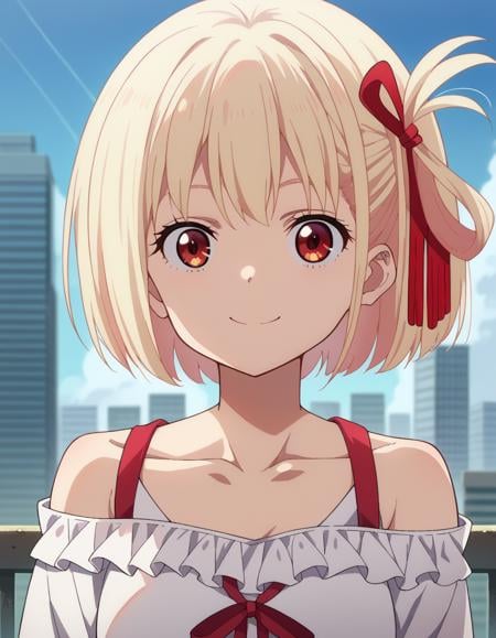 score_9, score_8_up, score_7_up, source_anime,chisatonishikigi, <lora:chisato-nishikigi-s1-ponyxl-lora-nochekaiser:1>,chisato nishikigi, short hair, bangs, blonde hair, red eyes, hair ribbon, one side up, bob cut,shirt, bare shoulders, twintails, collarbone, hair ribbon, white shirt, frills, off shoulder, red ribbon, short twintails, off-shoulder shirt, frilled shirt,outdoors, cityscape, smile,looking at viewer, dutch angle, cowboy shot,