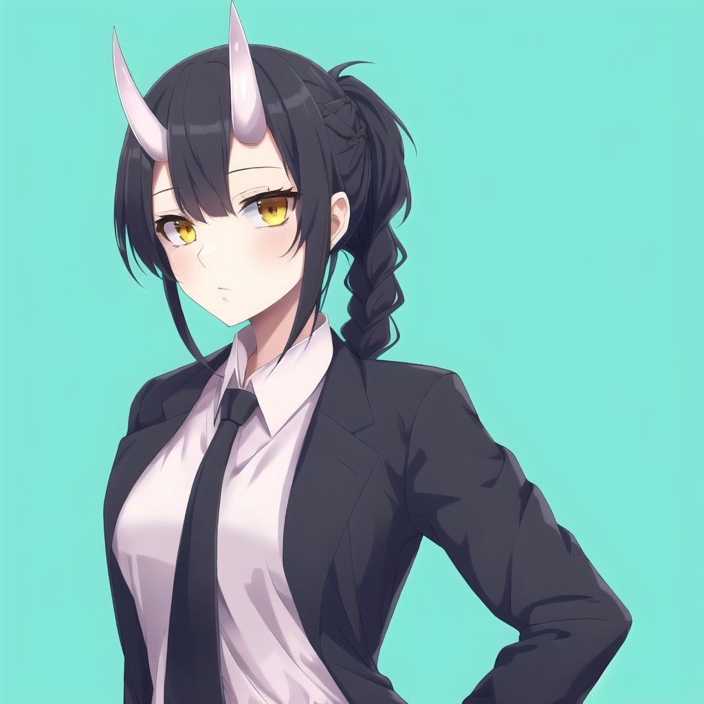 <lora:onihors:1>,  oni horns, oni, horns, 1girl, arm at side, arm behind back, bangs, black neckwear, black pants, bottomless, braid, braided ponytail, breasts, brown hair, business suit, collared shirt, expressionless, eyebrows visible through hair, formal, highres, looking at viewer, medium hair, necktie, neckwear, pants, red background, ringed eyes, shirt, shirt tucked in, simple background, solo, suit, unknown0791, white shirt, yellow eyes