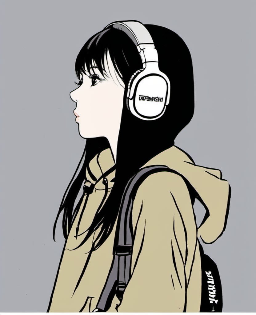 chahua, 1girl, solo, black hair, backpack, bag, headphones, hands in pockets, hood, long hair, simple background, hood down, signature, profile, coat, upper body, <lora:日系美少女_插画_V1.0XL:1>, masterpiece, best quality,