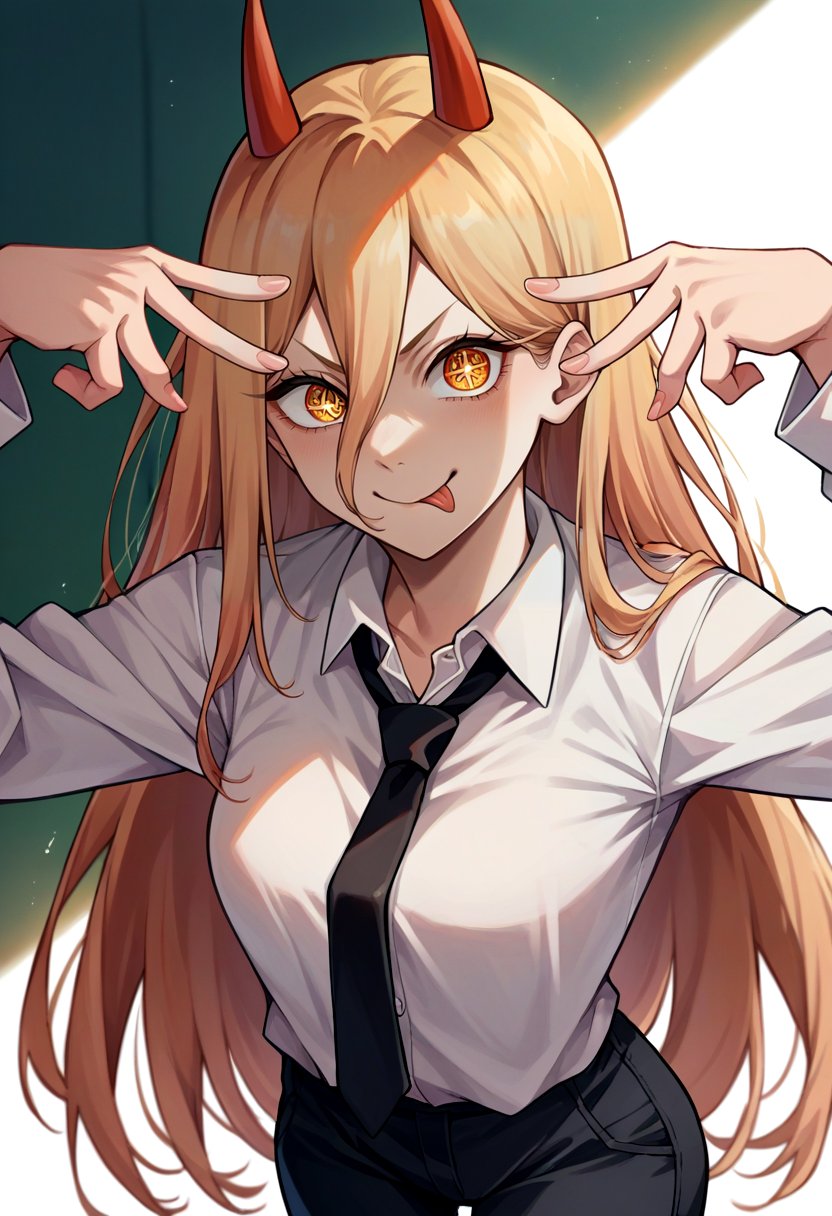 score_9, score_8_up, score_7_up, source_anime, 1girl, power \(chainsaw man\), chainsaw man, smile, looking at viewer, aihoshinopose, double v, tongue out, blonde hair, horns, yellow eyes, cross-shaped pupils, white shirt, collared shirt, black necktie, black pants <lora:pose_aihoshinopose_ponyXL:1>