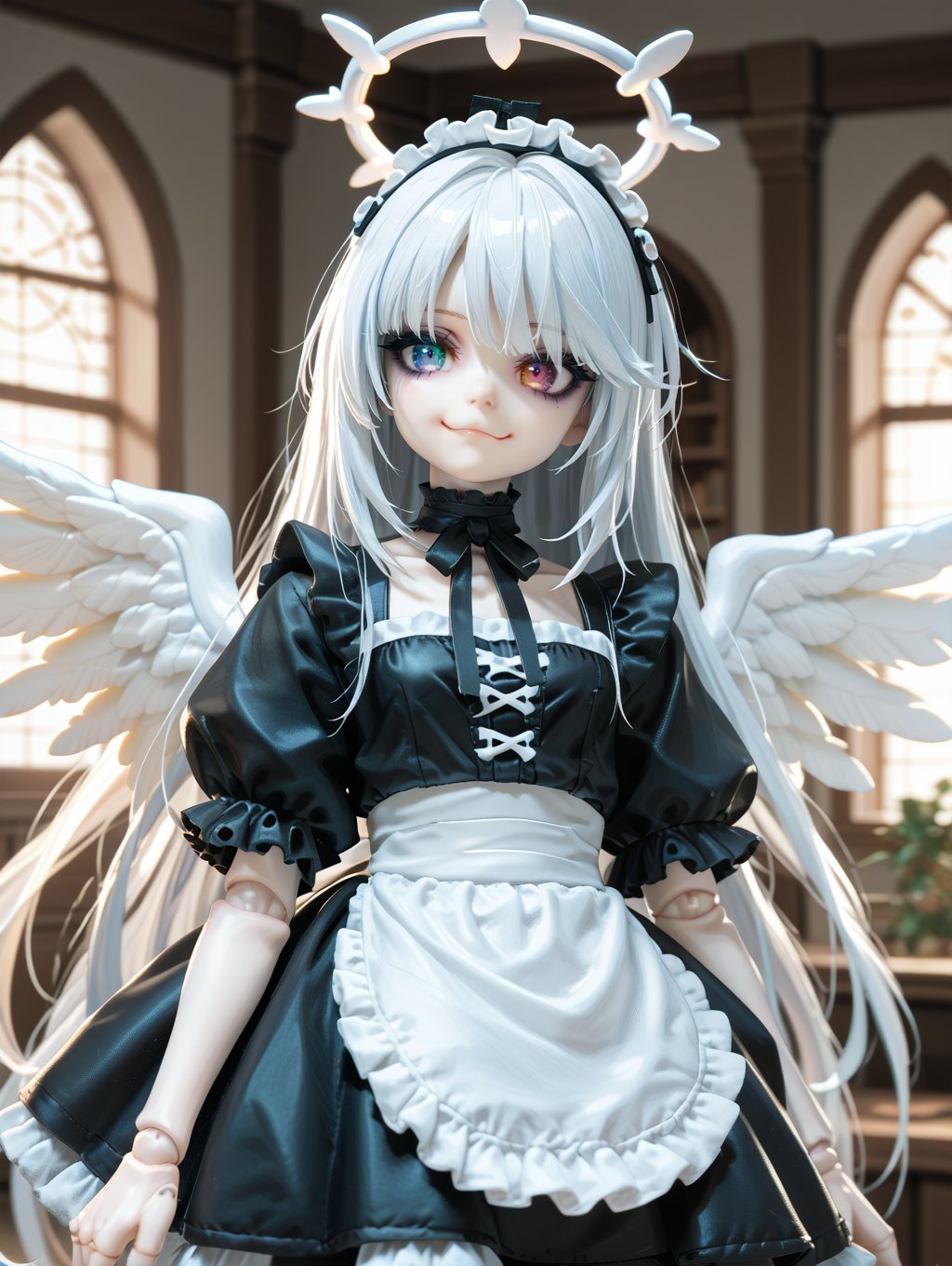 score_9, score_8_up, score_7_up,joints, cowboy shot, 1girl,very long hair, heterochromia, eye reflection, smug,angel, angel wings, gothic,maid,halo, indoors, 