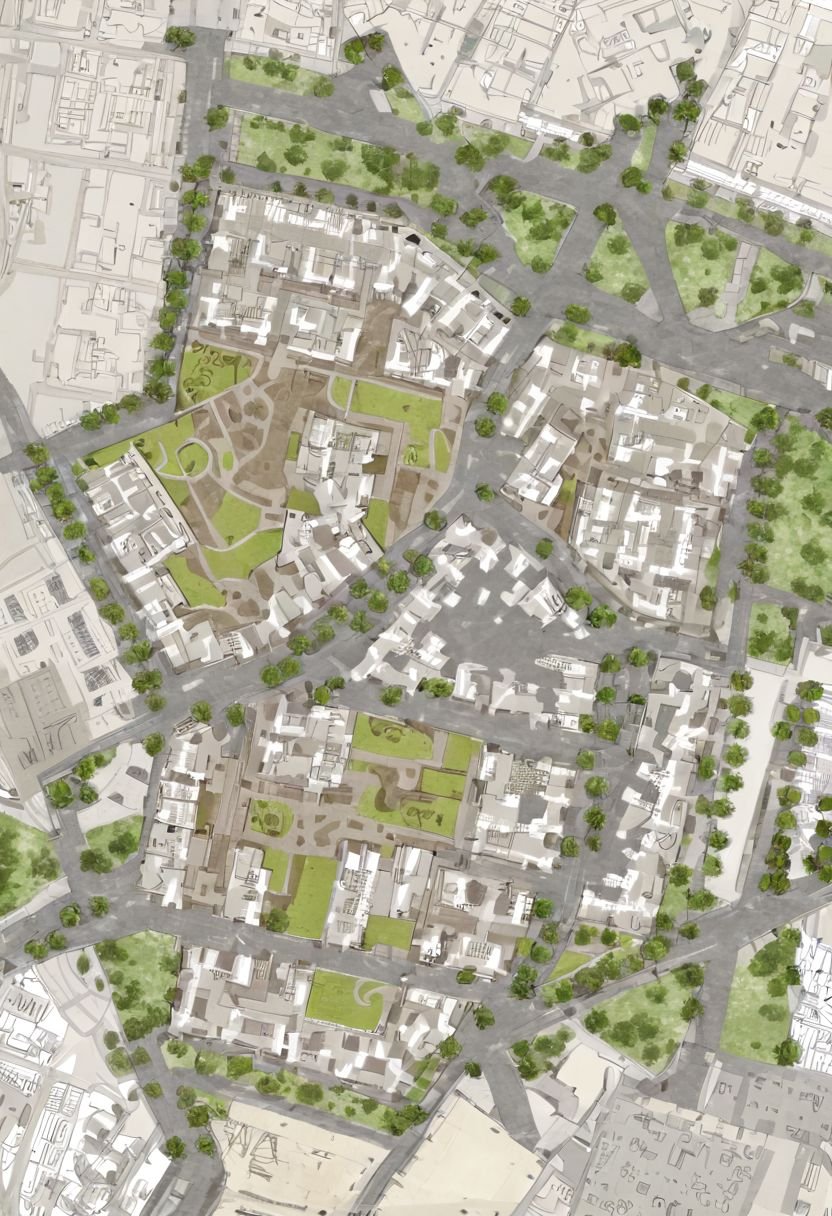area|path|landmark|landscape|square|edge|axis_site plan:1.5,  Geometric patterns,  Dark brown and green color by HHM on Te...