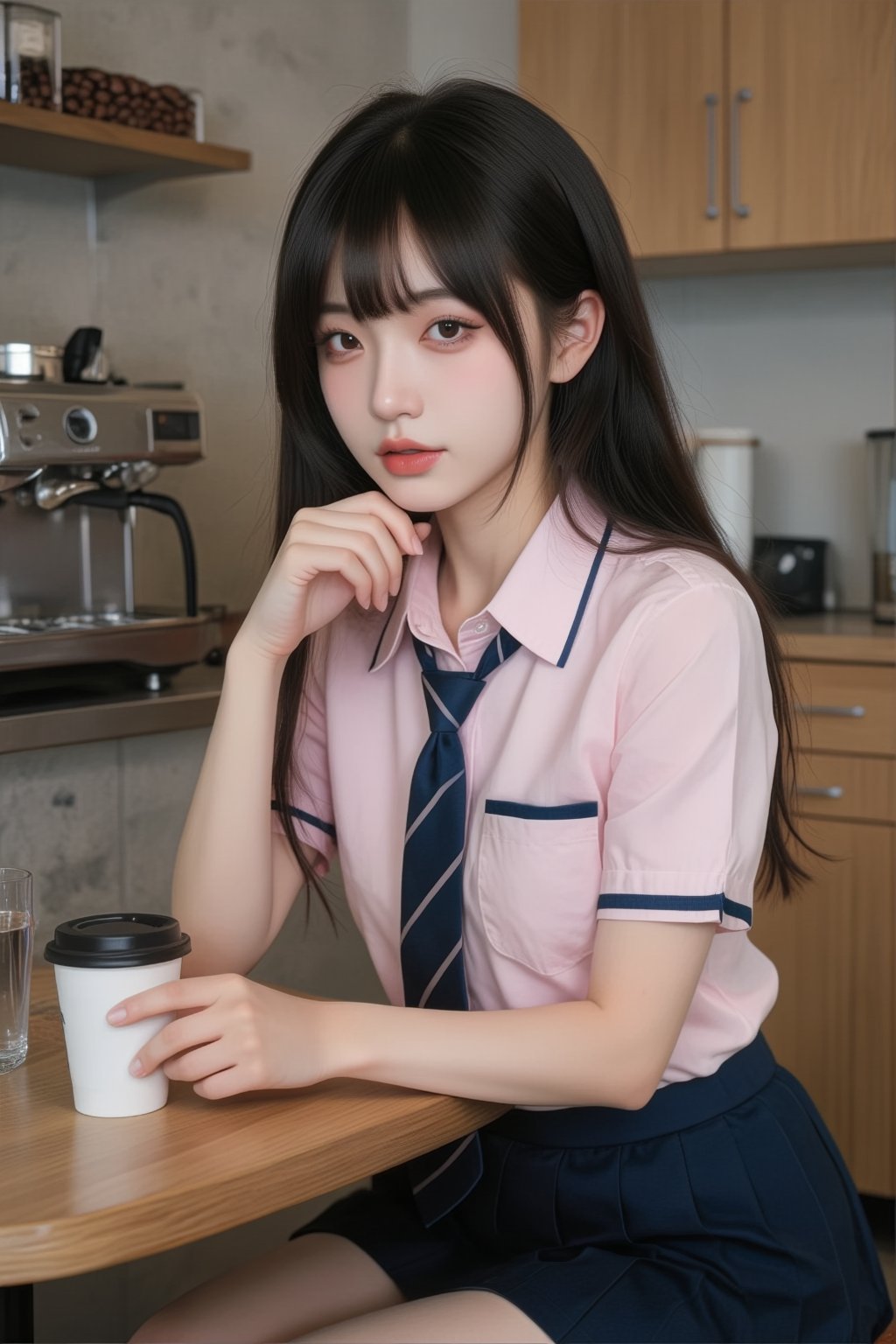 A young East Asian woman,  appearing to be in her late teens or early twenties,  sits at a wooden table in a cafe. She has...