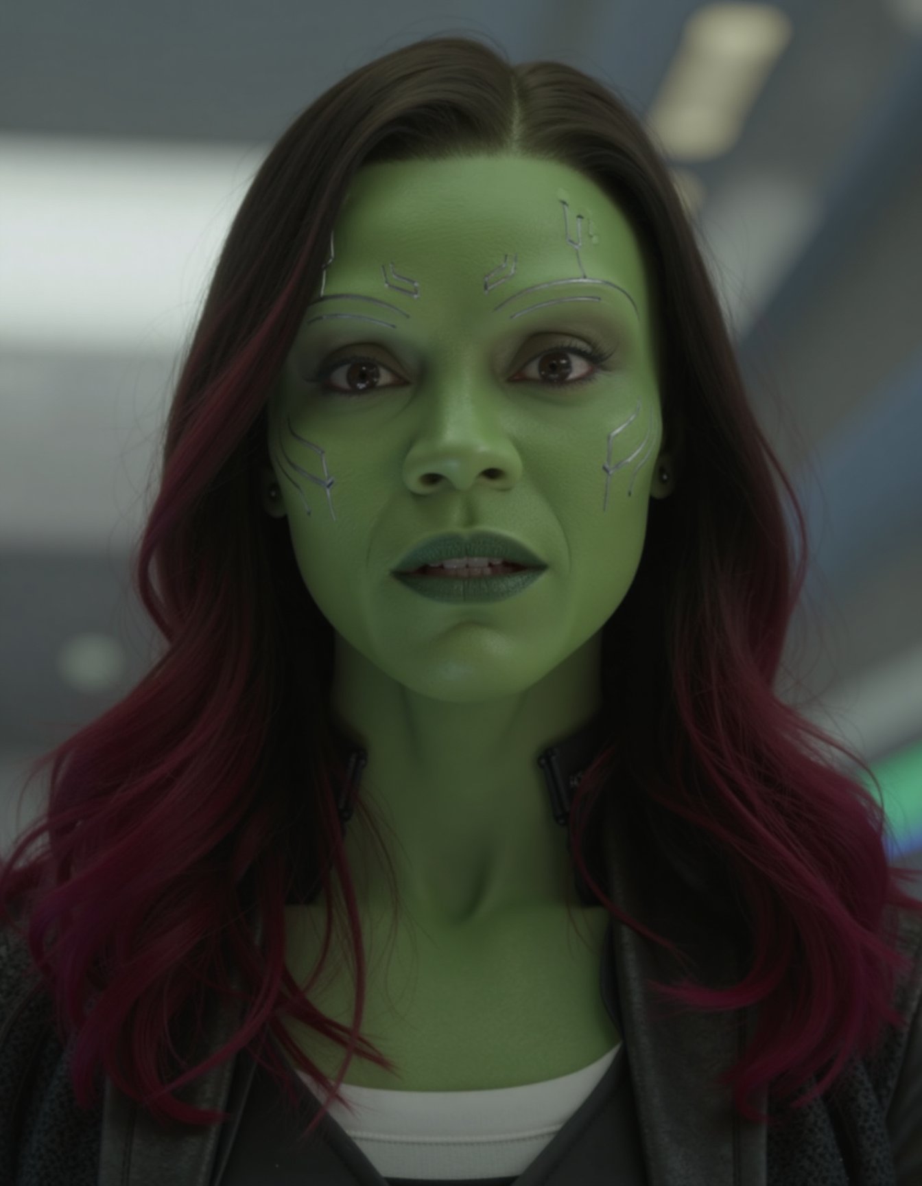Mid-shot portrait of a beautiful woman gamora with green skin in an hi tech office with blazer and a shirt under by Lol on...