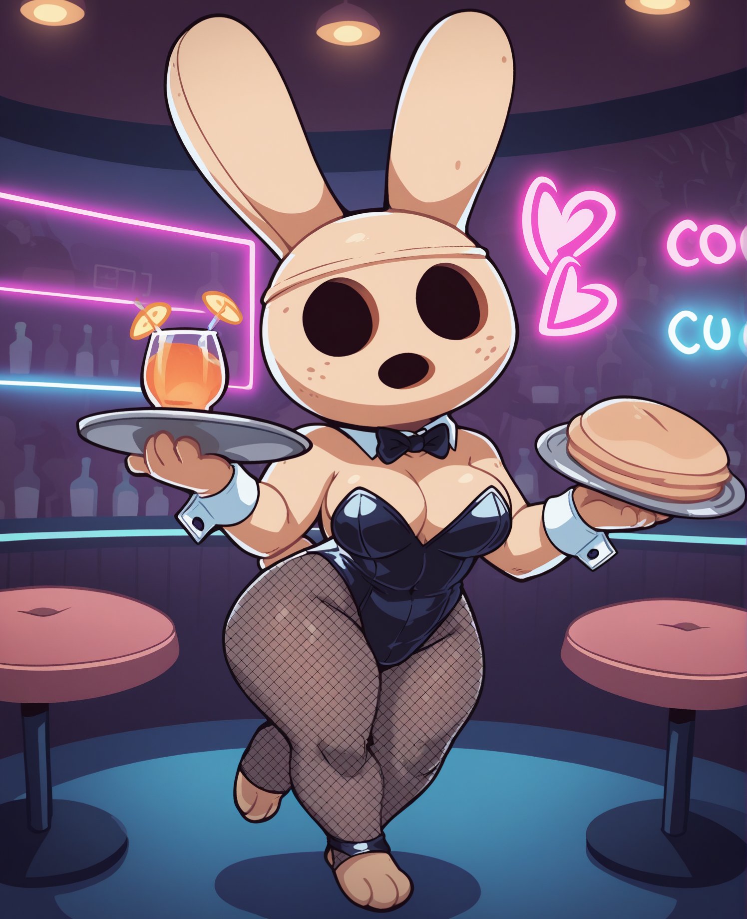 score_9, score_8_up, score_7_up, score_6_up, score_5_up, score_4_up, source_furry, [yag|ohwpmx], coco \(animal crossing\), gyroid, lagomorph, leporid, mammal, rabbit, anthro, breasts, bunny costume, cleavage, clothed, clothing, collar, costume, featureless feet, feet, female, fishnet clothing, solo, tray, short, shortstack, short stack, detailed background, strip club, nightclub, inside, neon lights, (noseless:1.2)<lora:coco_pdxl:1>