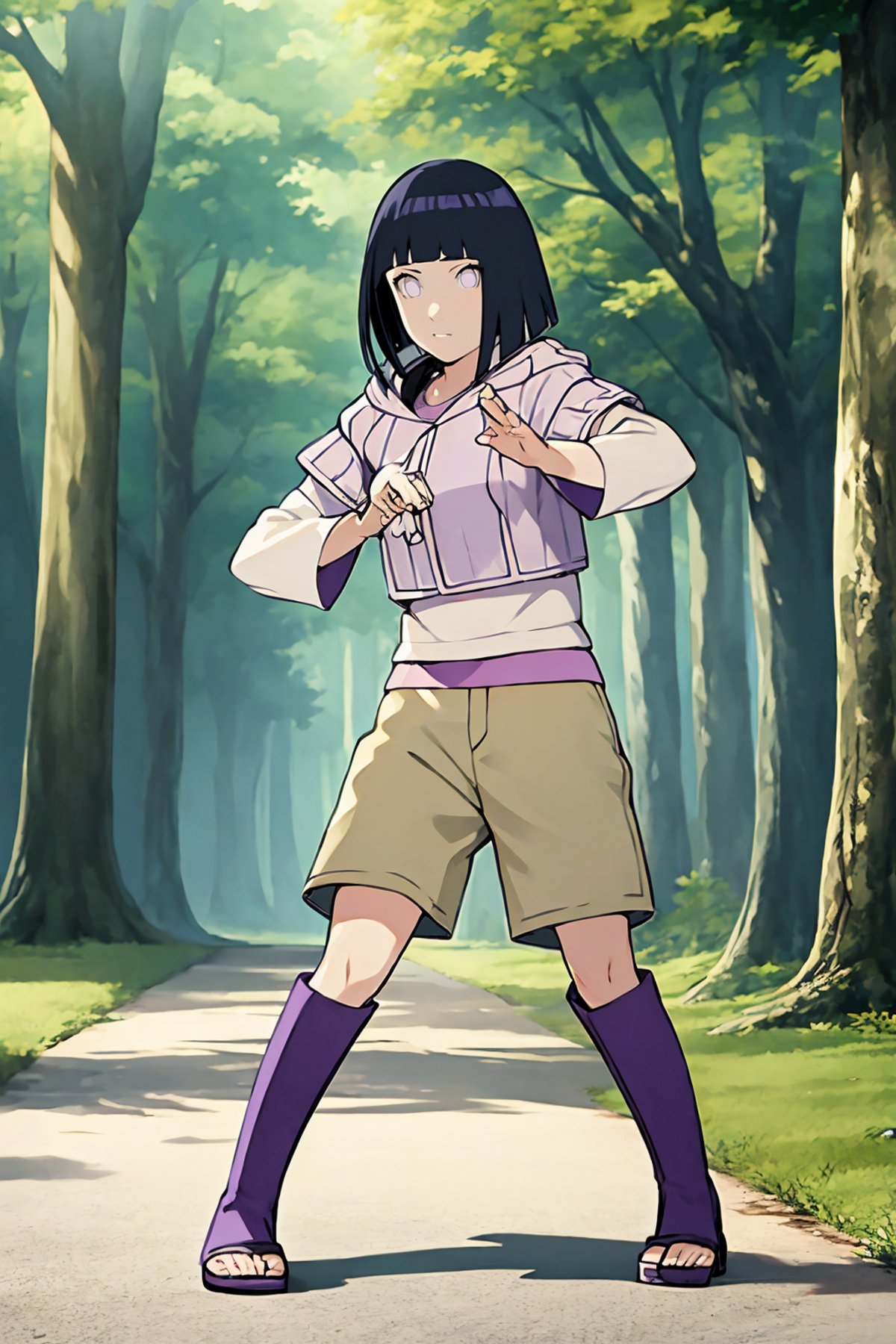 masterpiece, best quality,hinata_boru, 1girl, black hair, short hair, blunt bangs, hood down, hoodie, layered sleeves, beige shorts, toeless boots, fighting stance, full body, looking at viewer, solo, standing, outdoors, forest   <lora:Hinata:1>