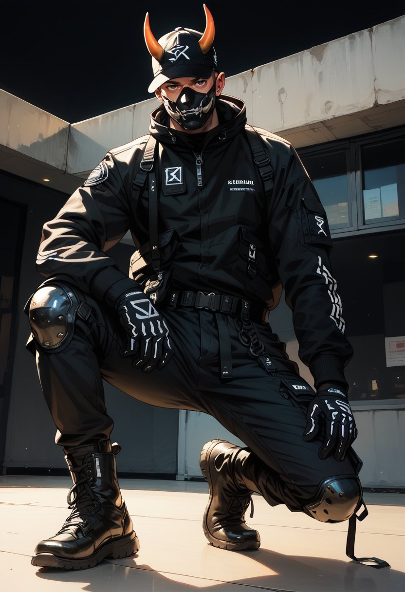 (score_9, score_8_up), score_7_up, zPDXL, dark_techwear,  solo, gloves, 1boy, baseball cap, mask, horns, holding, jacket, full body, male focus, boots, belt, pants, black footwear, uniform, black jacket, black pants, building, knee pads, one knee, leather, black background, simple background, <lora:dark_techwear-000016:0.9> <lora:BioPunky:0.5>