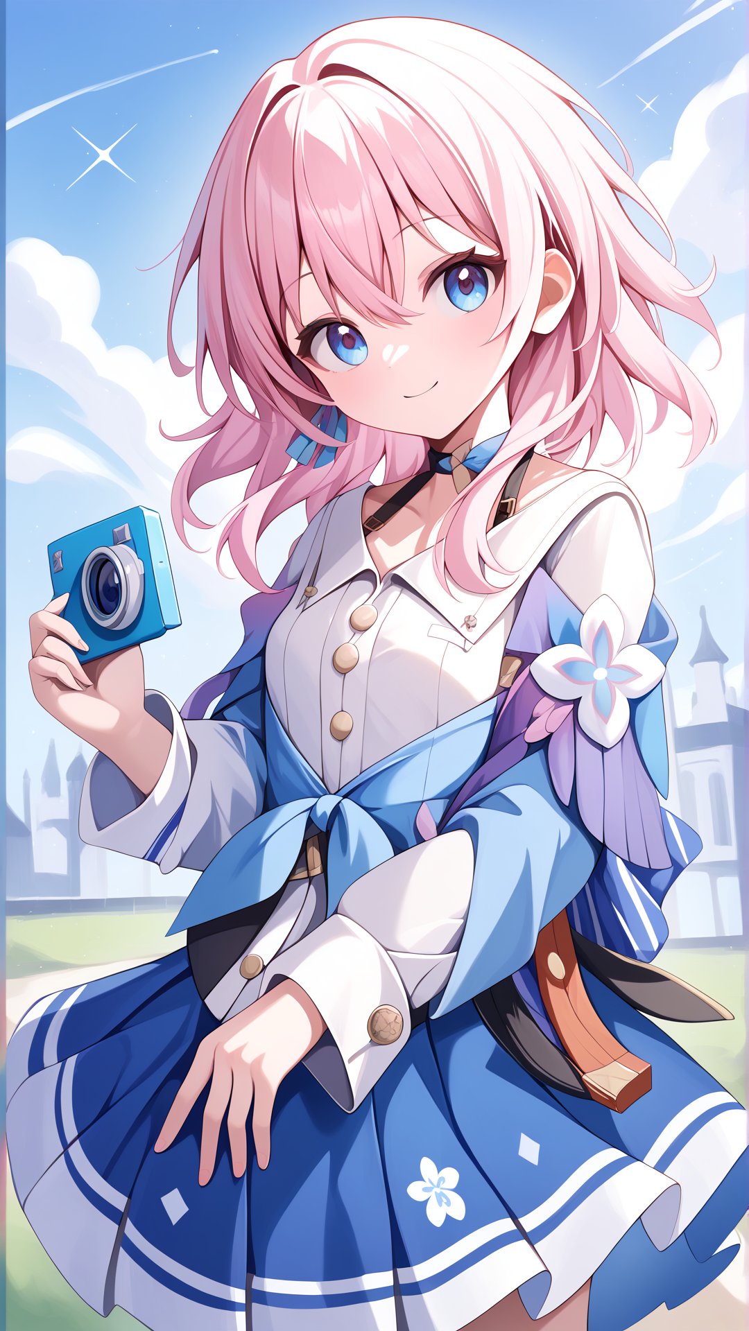 Score_9, best quality, White blouse, March7, blue skirt, Pink hair, Cute, Medium chest, masterpiece, Medium hair, <lora:march7:0.9>, Gradient eyes, Blue eyes