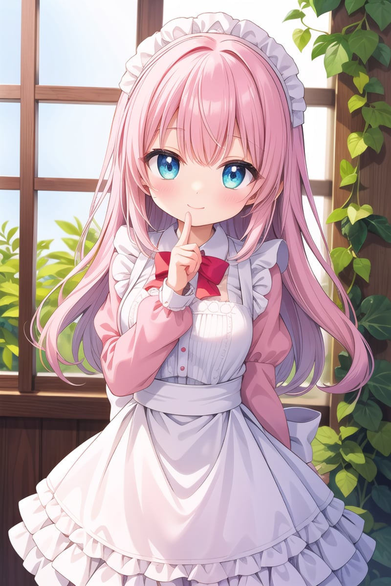 insanely detailed, absurdres, ultra-highres, ultra-detailed, best quality,1girl, solo, nice hands, perfect hands,BREAKapron, blush, bow, bowtie, frilled apron, frills, long sleeves, maid, maid apron, maid headdress, waist apron, white apronBREAKsmile, closed mouthBREAKfinger to mouth, index finger raised, shushing, cowboy shot, looking at viewer,BREAKslender, kawaii, perfect symmetrical face, ultra cute girl, ultra cute face, ultra detailed eyes, ultra detailed hair, ultra cute, ultra beautiful,BREAKday, flower, ivy, leaf, indoors, open door, plant, potted plant, vines, window,BREAKwhite (pink:1.2) hair, green eyes, long hair, medium breasts, bangs, eyebrows visible through hair,