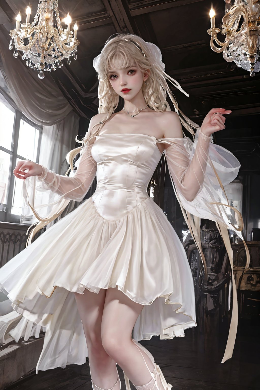 future0519,girl,solo,White dress,see-through sleeves,cross-laced footwear,<lora:future0519-balei:0.8>,indoor,, best quality,masterpiece,highres,official art,extremely detailed cg unity 8k wallpaper,