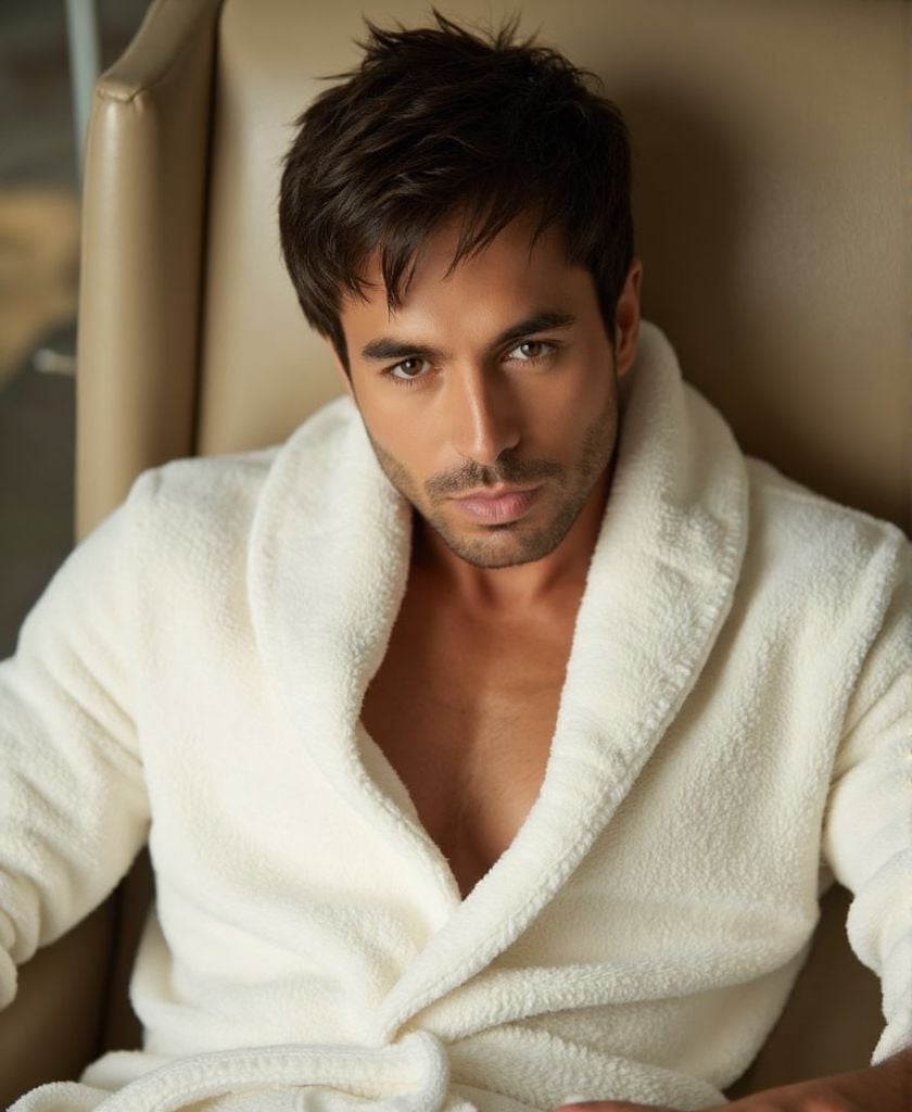 Enrique Iglesias ,  high-resolutiuon photograph,  wearing fitted fluffy white bathrobe. He is sitting on a chair in the sp...