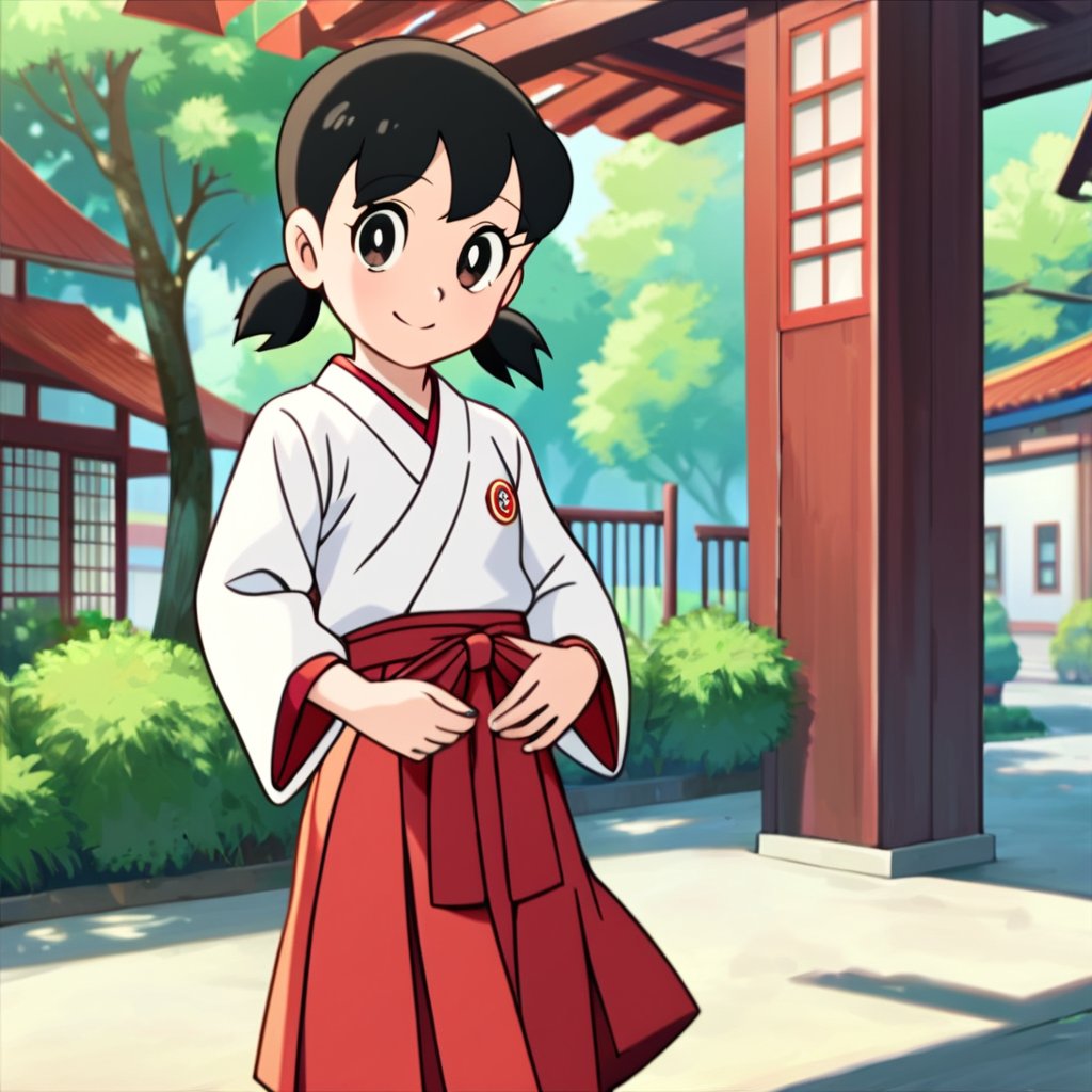 score_9, score_8_up, score_7_up, score_6_up, score_5_up, score_4_up, source_anime,minamoto shizuka,1girl, solo, japanese clothes, black hair,miko, black eyes, smile, twintails, outdoors, hakama, looking at viewer, skirt, short hair, day, short twintails, hakama skirt, tree, red hakama, long sleeves,masterpiece, perfect face, best quality, beautiful girl, cute girl, beautiful eyes, shiny eyes, anime coloring, anime screencap, absurdres, outdoors,<lora:minamoto shizuka auti 923 1:0.8>