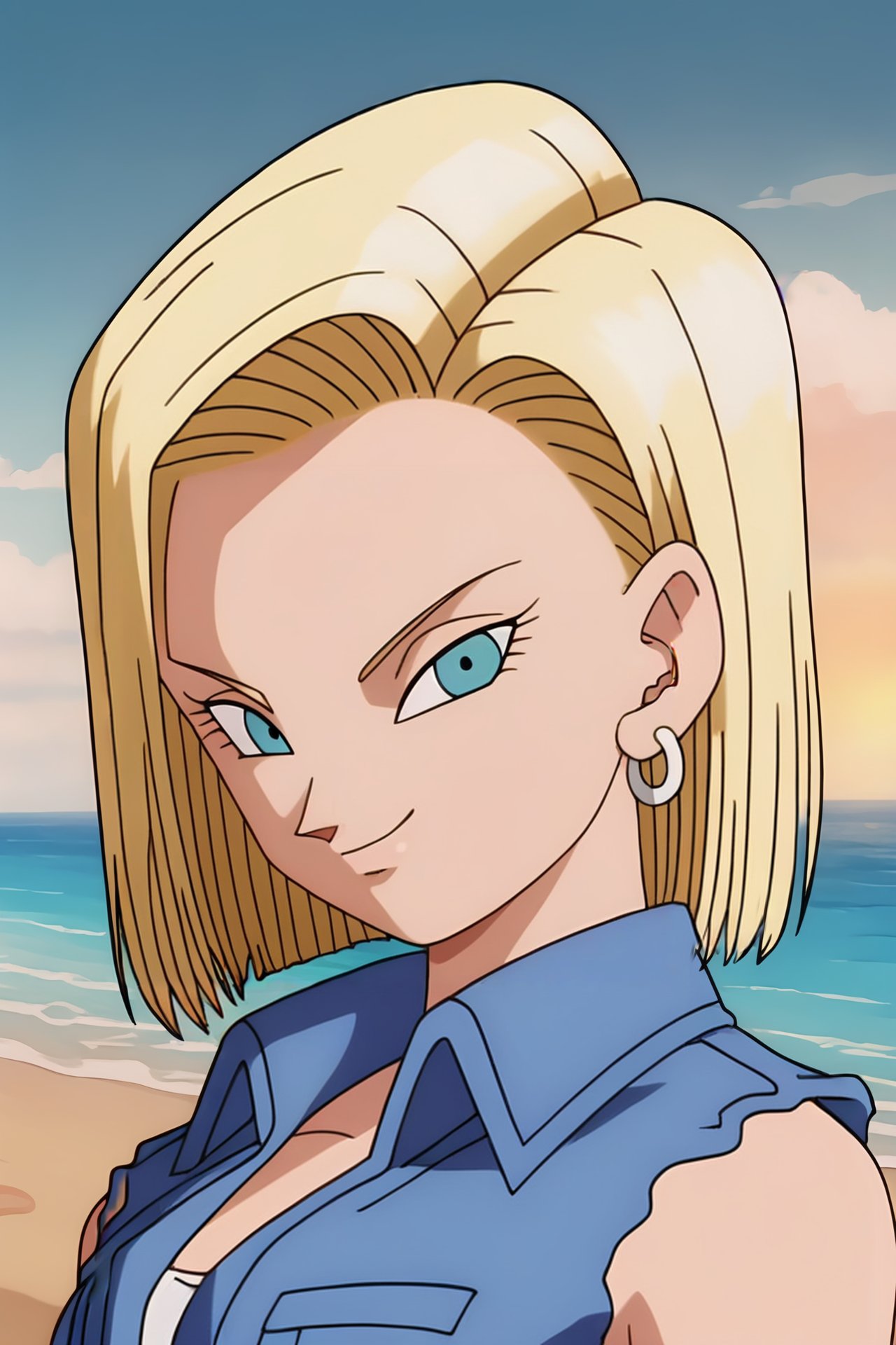 source_anime, score_9, score_8_up, score_7_up, anime screencap, high quality, android 18, buu saga, anime coloring, official style, 1girl, solo, looking at viewer, smile, short hair, blue eyes, blonde hair, collared jacket, denim jacket, closed mouth, upper body, silver earring, outdoors, sky, sleeveless, water, ocean, beach, hoop earrings, horizon, sand, bare shoulders, light blue jacket, collarbone, denim, jacket only, portrait, sleeveless jacket, v-shaped eyebrows, v-shaped eyes, closed jacket,  <lora:c18_pony:0.8>