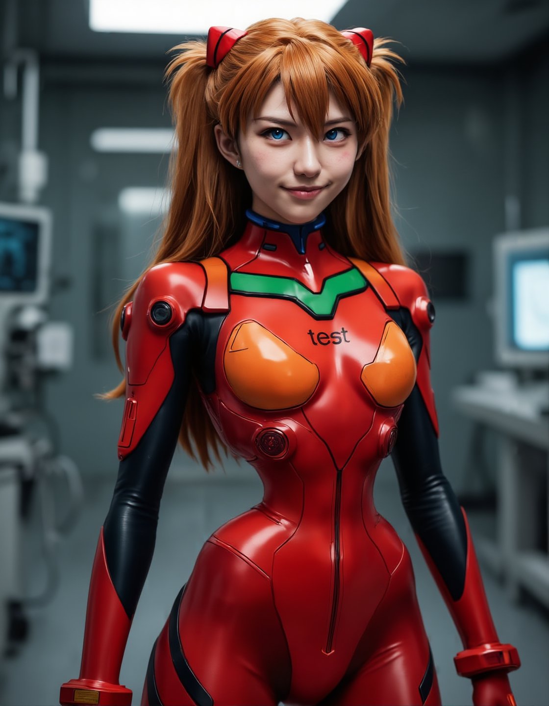 of asuka langley souryuu. She is wearing a futuristic,  high-tech outfit with a sleek,  form-fitting design. she has long...