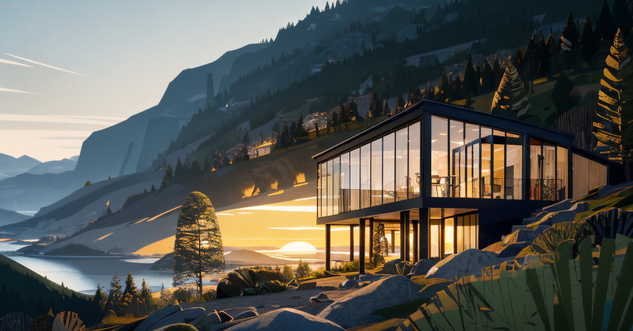 A modern style multi-storey villa on the mountain,with earth colors and Viridiplantae,made of wood and glass,has a humanistic perspective on a sunny summer afternoon. Composition: aerial perspective,atmosphere: lively,light: warm sunset,foreground: pine trees,background: valley landscape.,<lora:插画风:1>,