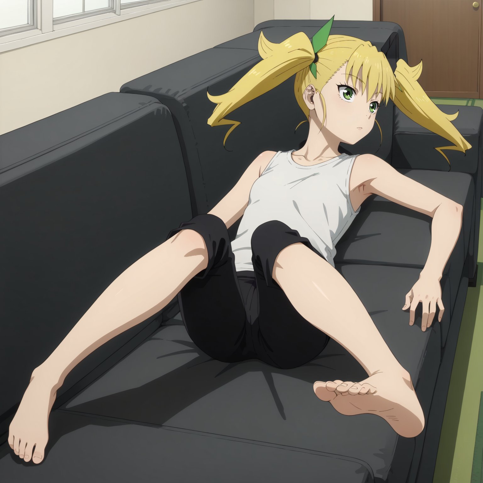 <lora:KikoruShinomiyaXLpony001>,solo,KikoruShinomiya,1girl,blonde hair,twintails,green eyes,full body,sofa,white t -shirt,sleeveless,black pants,barefoot,on back,