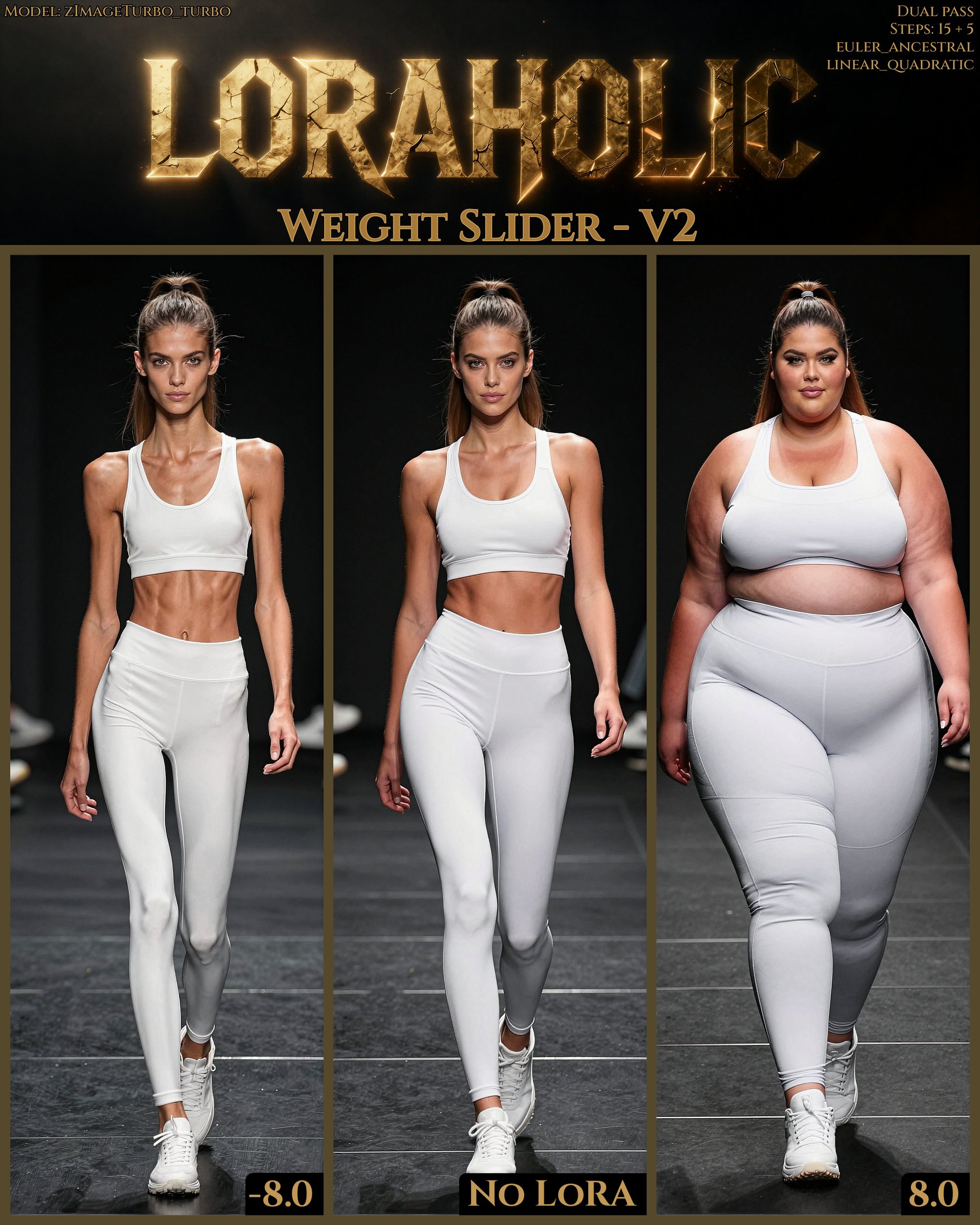 A confident young woman in her early 20s strides powerfully down a sleek black runway catwalk during a high-energy sportsw...