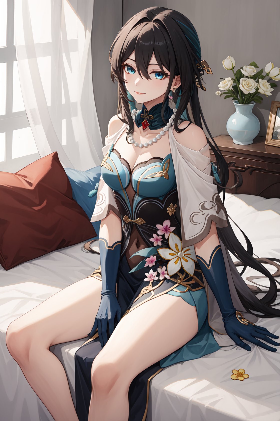 ruanmei,bangs,long hair,dress,gloves,hair between eyes,jewelry,hair ornament,blue eyes,black hair,flower,black gloves,blue dress,<lora:阮梅2-000011:0.9:lbw=role>,indoors,bedroom,sitting on bed,light smile,rosaria,, 1girl,,  (masterpiece,best quality:1.2),absurdres